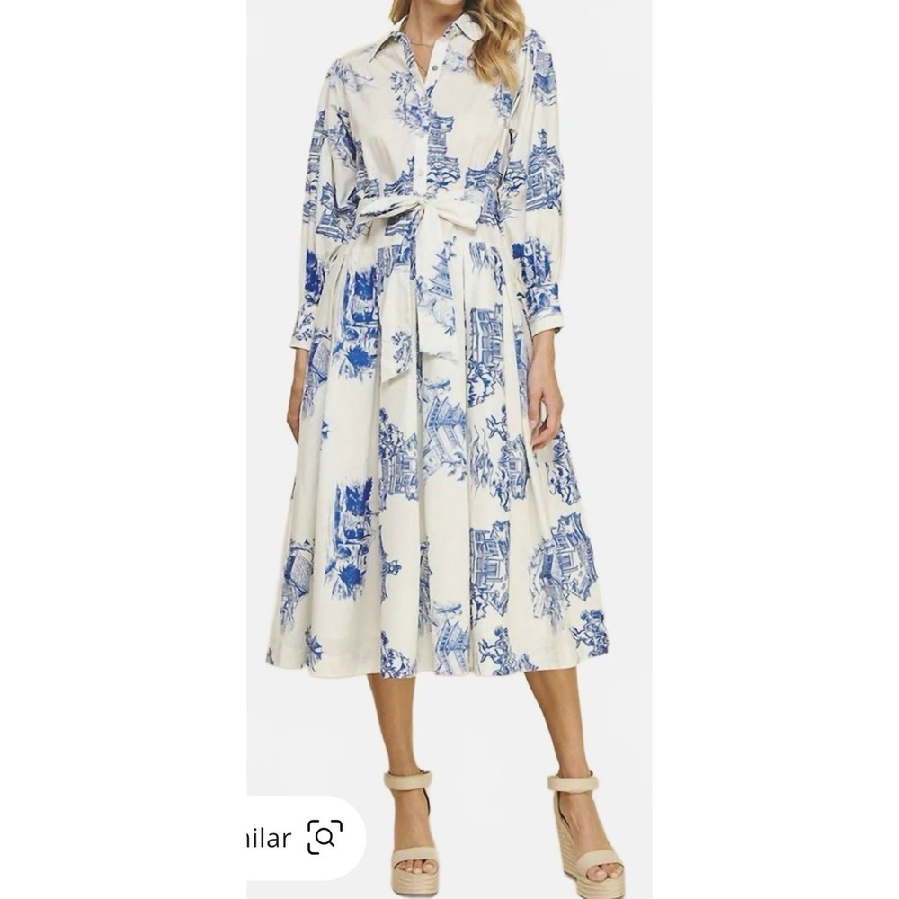 Pinch Everly Asian Toile Print Midi Shirt Dress Ivory Blue Size Large Drop Waist
